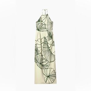 Reiss Lexi Shell halter dress -Elegant Green Leaf Print Maxi Dress. NWT